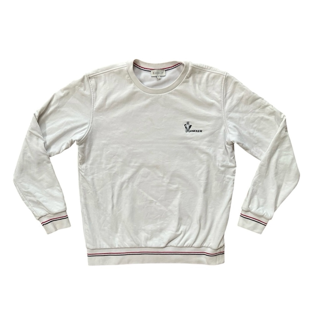 Moncler 2019 France White Preppy Polo Crewneck Embroidered Stripe Sweatshirt